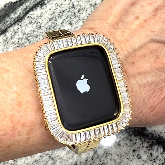 2 pc Apple Watch set yellow gold lab diamond case and crystal band classy bling - Picture 4 of 11
